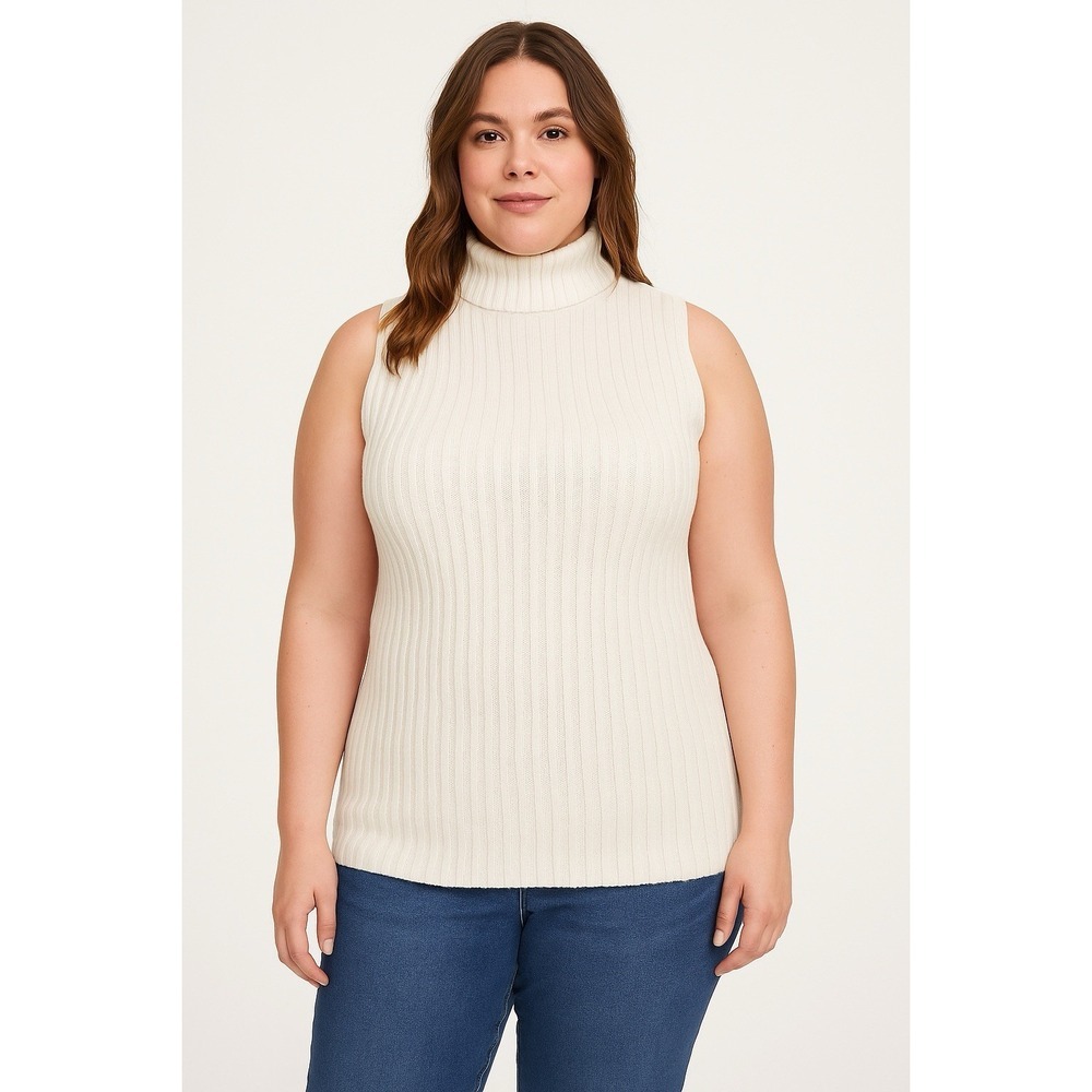 Carolyn Taylor Essentials Sleeveless‎ Turtleneck Sweater Cream Ribbed Knit L